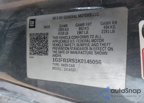 2019 Chevrolet Camaro 1Lt from USA, damaged, VIN 1G1FB1RS1K0145056